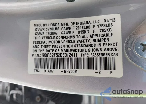 2013 Honda Civic Lx z USA, uszkodzony, nr VIN 19XFB2F52DE012411